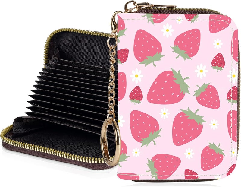 Luoycxy Credit Card Holder for Women,Small Rfid Wallet with Keychain Zipper,Cute PU Leather Card Case Wallet，Accordion Credit Card Wallets Gift,Strawberry - Image 1